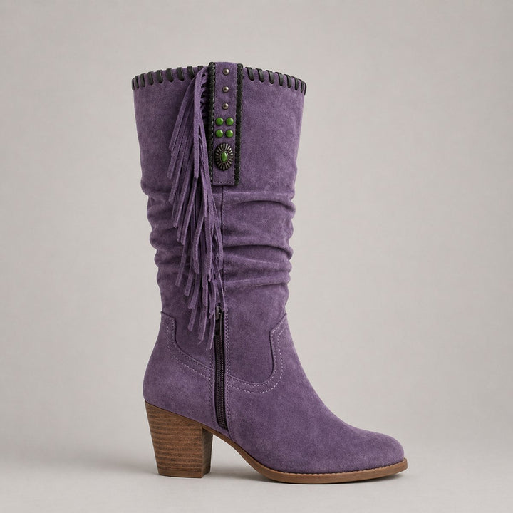 Women's Suede Knee-High Block-Heel Fringe Western Boots