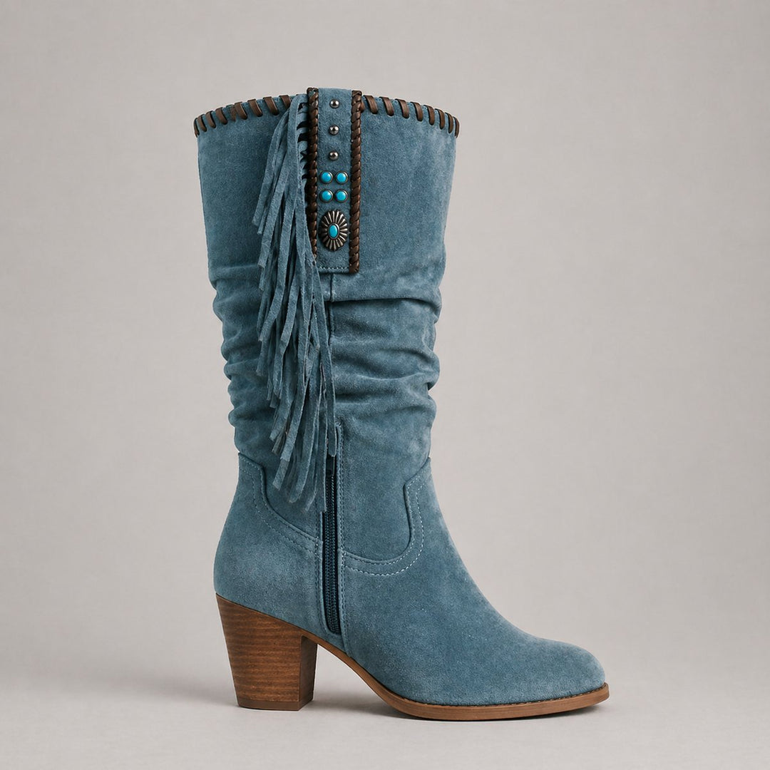 Women's Suede Knee-High Block-Heel Fringe Western Boots