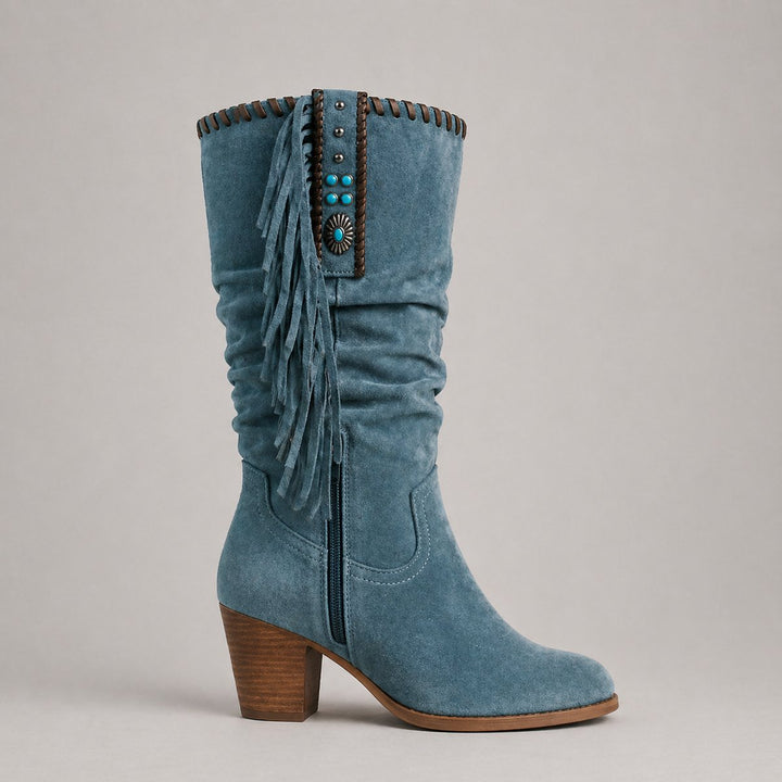 Women's Suede Knee-High Block-Heel Fringe Western Boots