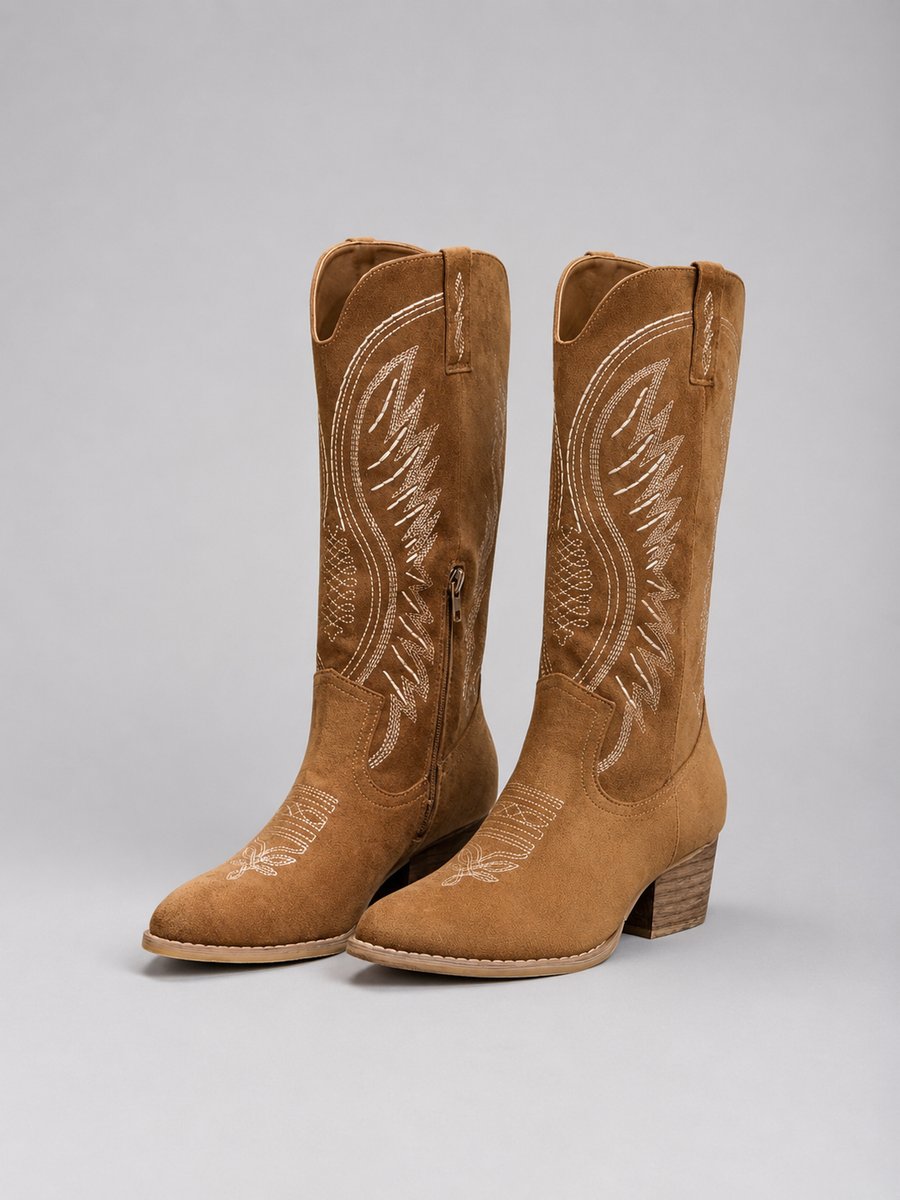 Women's Suede Knee-High Cowboy Block-Heel Boots Western Embroidered