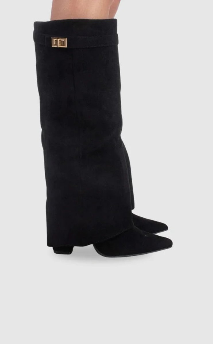 Women's Suede Knee-High Heeled Boots Gold-Lock Fold-Over Detail