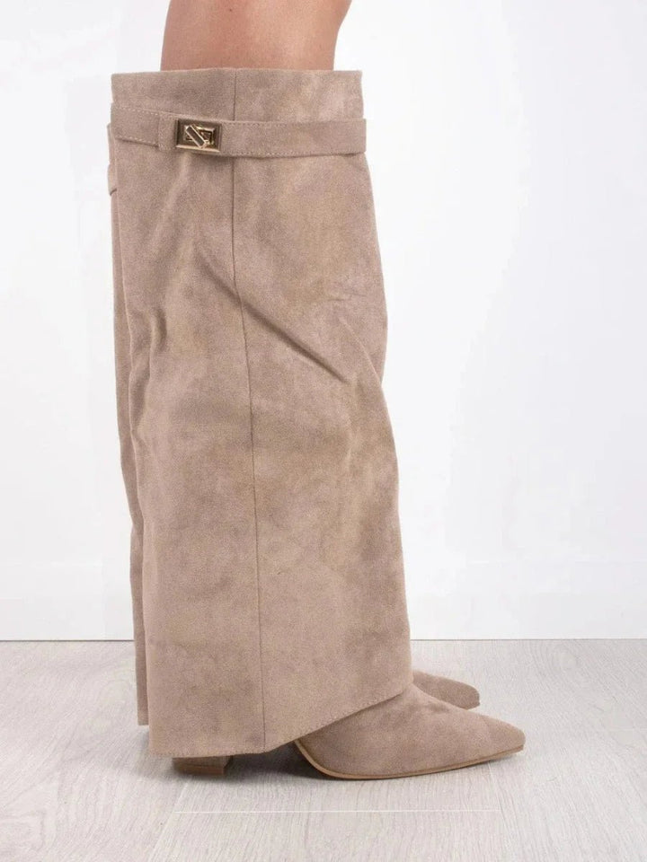 Women's Suede Knee-High Heeled Boots Gold-Lock Fold-Over Detail