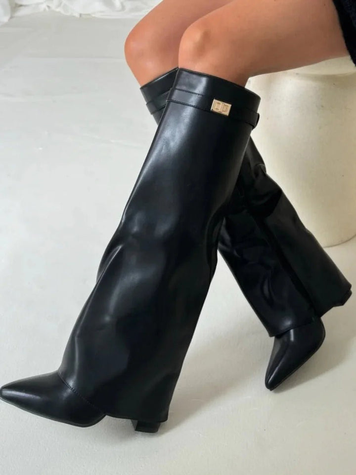 Women's Suede Knee-High Heeled Boots Gold-Lock Fold-Over Detail