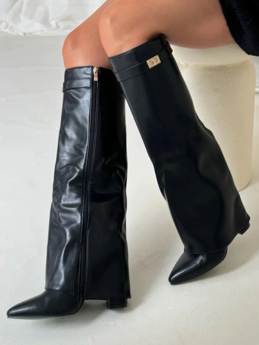 Women's Suede Knee-High Heeled Boots Gold-Lock Fold-Over Detail