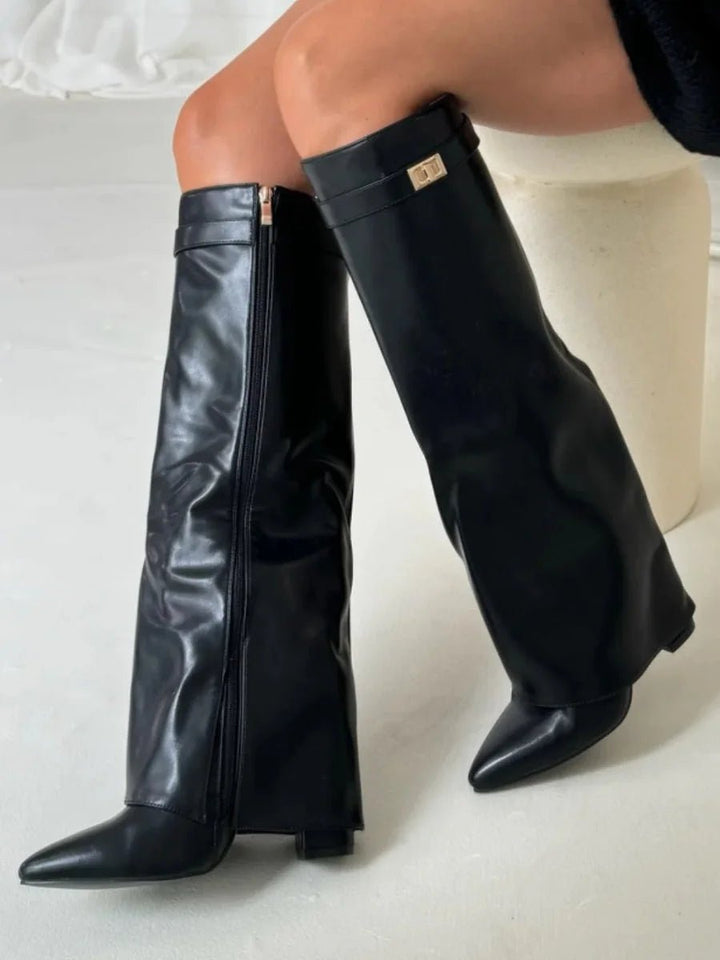 Women's Suede Knee-High Heeled Boots Gold-Lock Fold-Over Detail