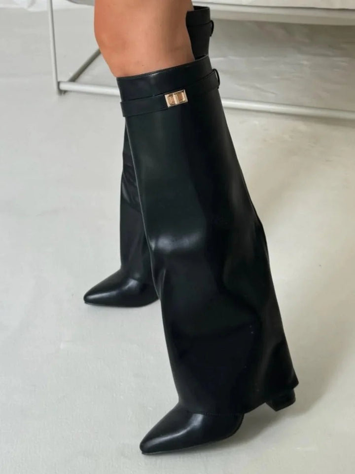 Women's Suede Knee-High Heeled Boots Gold-Lock Fold-Over Detail