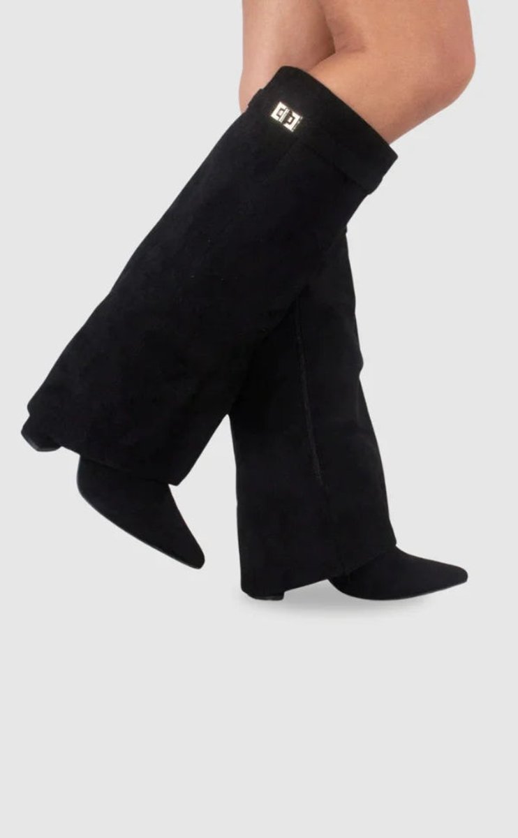Women's Suede Knee-High Heeled Boots Gold-Lock Fold-Over Detail