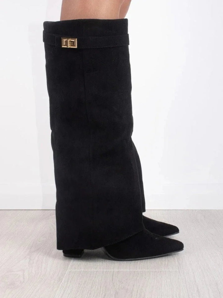 Women's Suede Knee-High Heeled Boots Gold-Lock Fold-Over Detail
