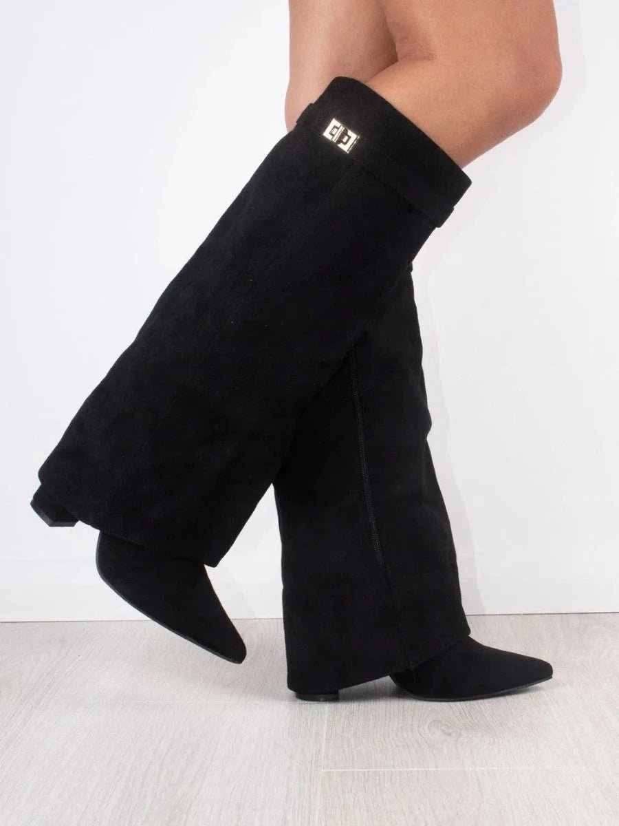 Women's Suede Knee-High Heeled Boots Gold-Lock Fold-Over Detail