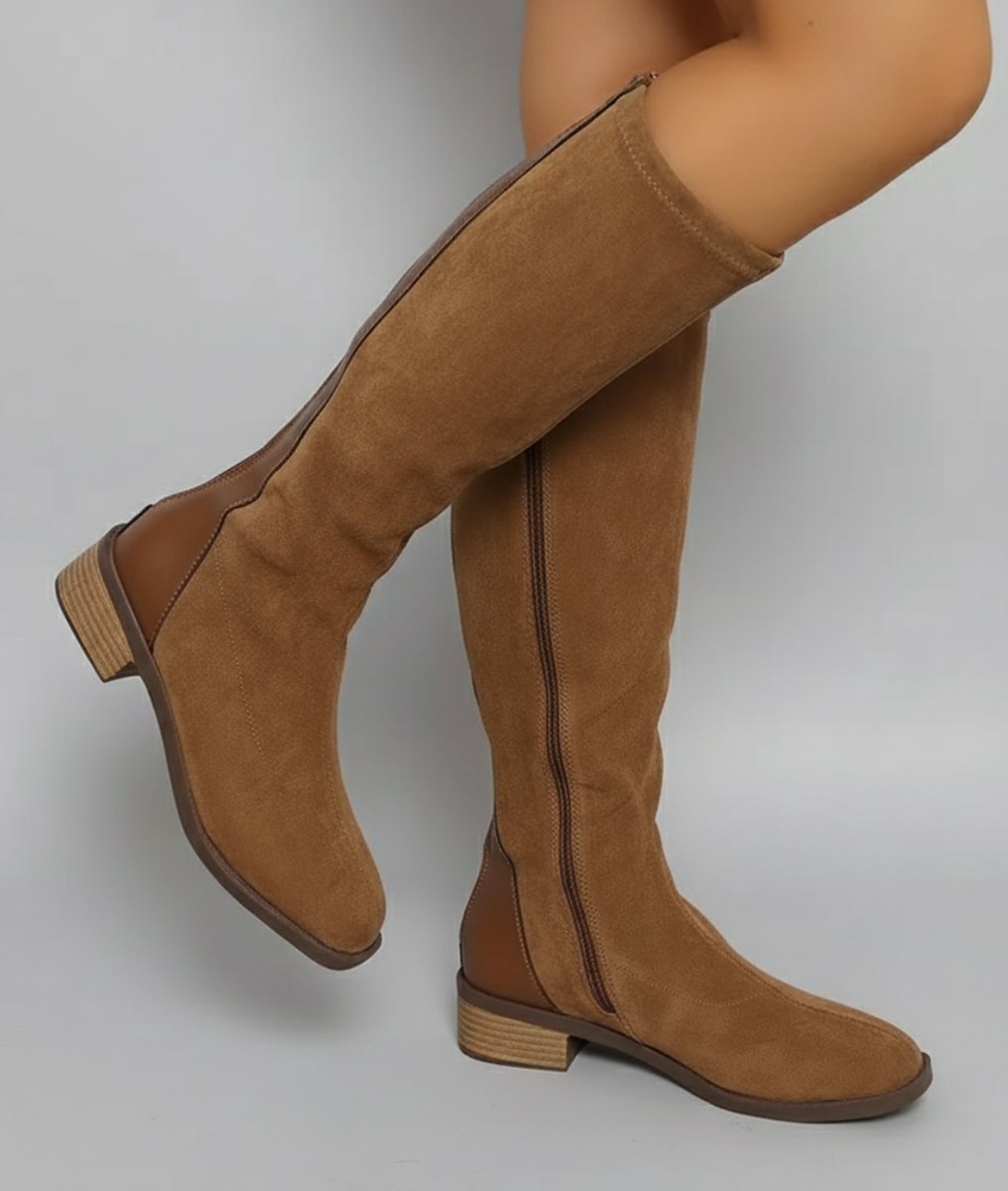 Women's Suede Look Knee-High Block Heel Boots Side Zip