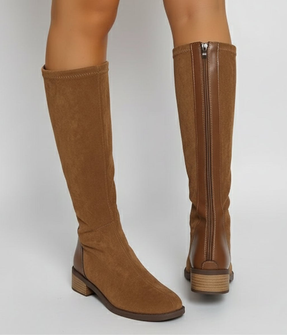 Women's Suede Look Knee-High Block Heel Boots Side Zip