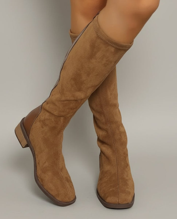 Women's Suede Look Knee-High Block Heel Boots Side Zip