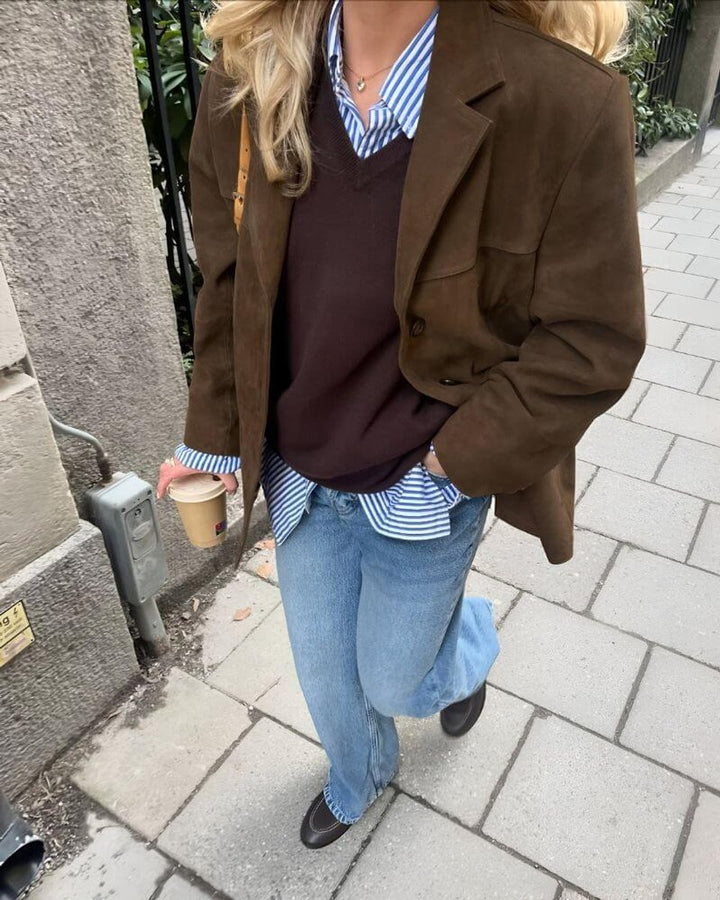 Women's Suede Oversized Coat Tailored Blazer Jacket
