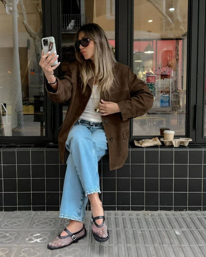 Women's Suede Oversized Coat Tailored Blazer Jacket