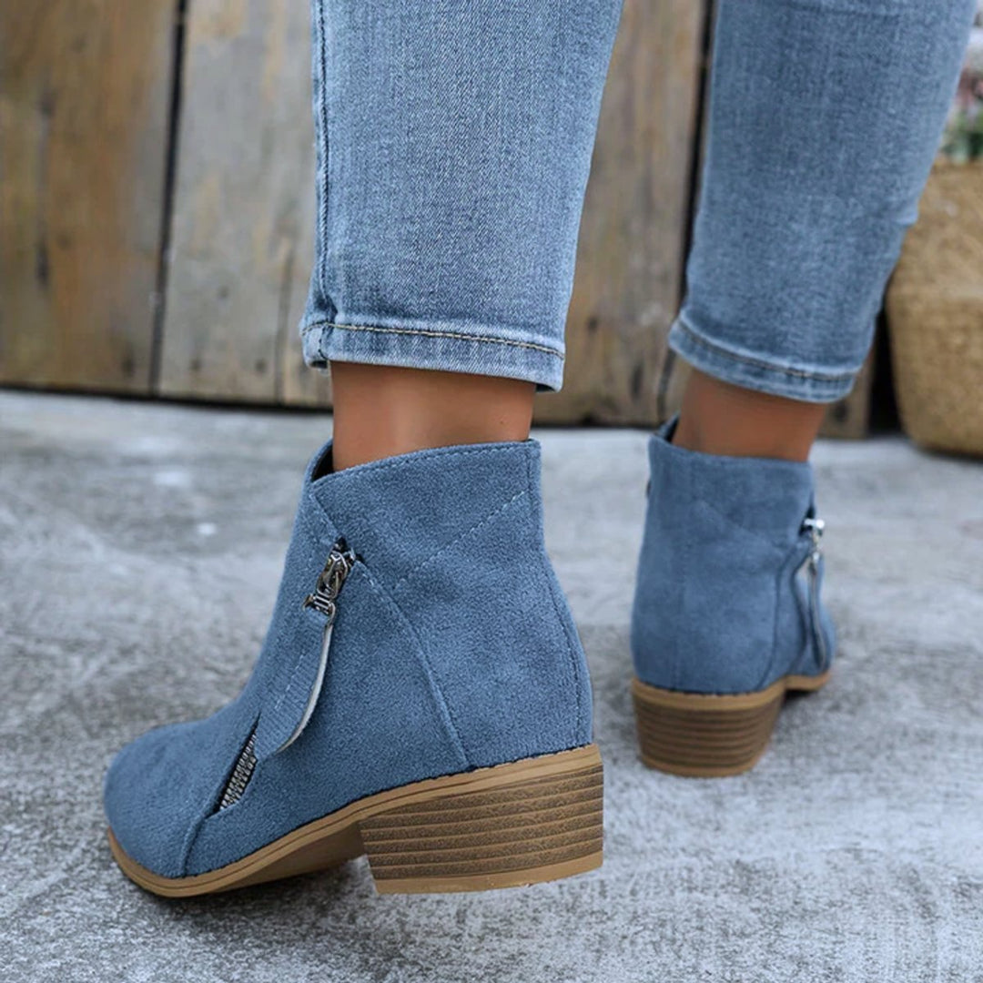 Women's Suede Zip-Up Block-Heel Ankle Boots
