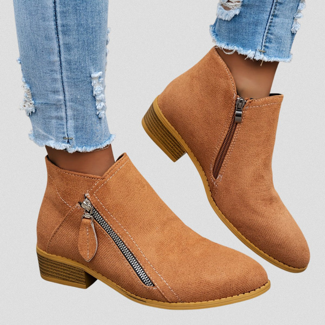 Women's Suede Zip-Up Block-Heel Ankle Boots