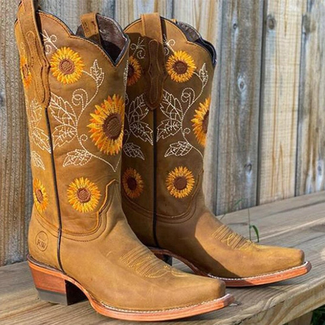 Women's Sunflower-Embroidered Knee-High Western Cowboy Boots - Khaki