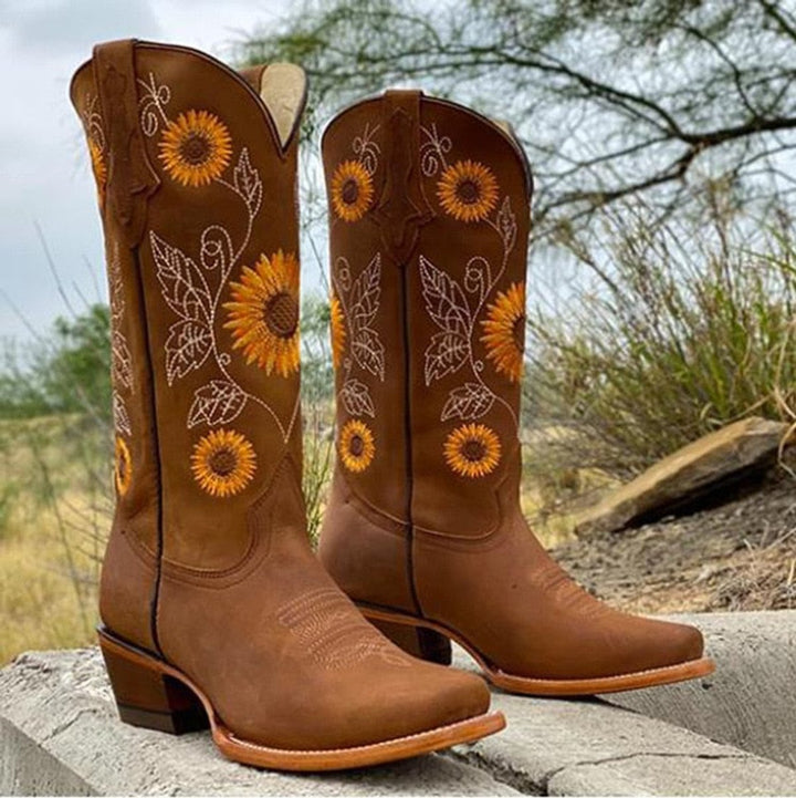 Women's Sunflower-Embroidered Knee-High Western Cowboy Boots - Brown