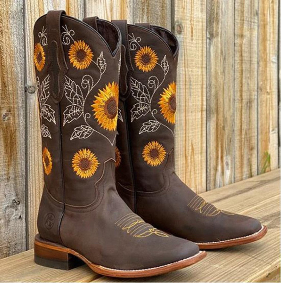 Women's Sunflower-Embroidered Knee-High Western Cowboy Boots