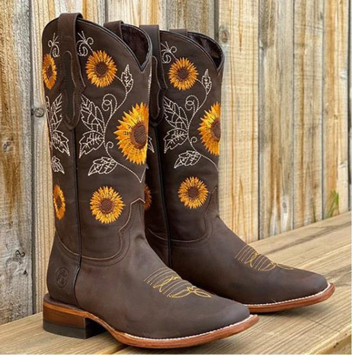 Women's Sunflower-Embroidered Knee-High Western Cowboy Boots