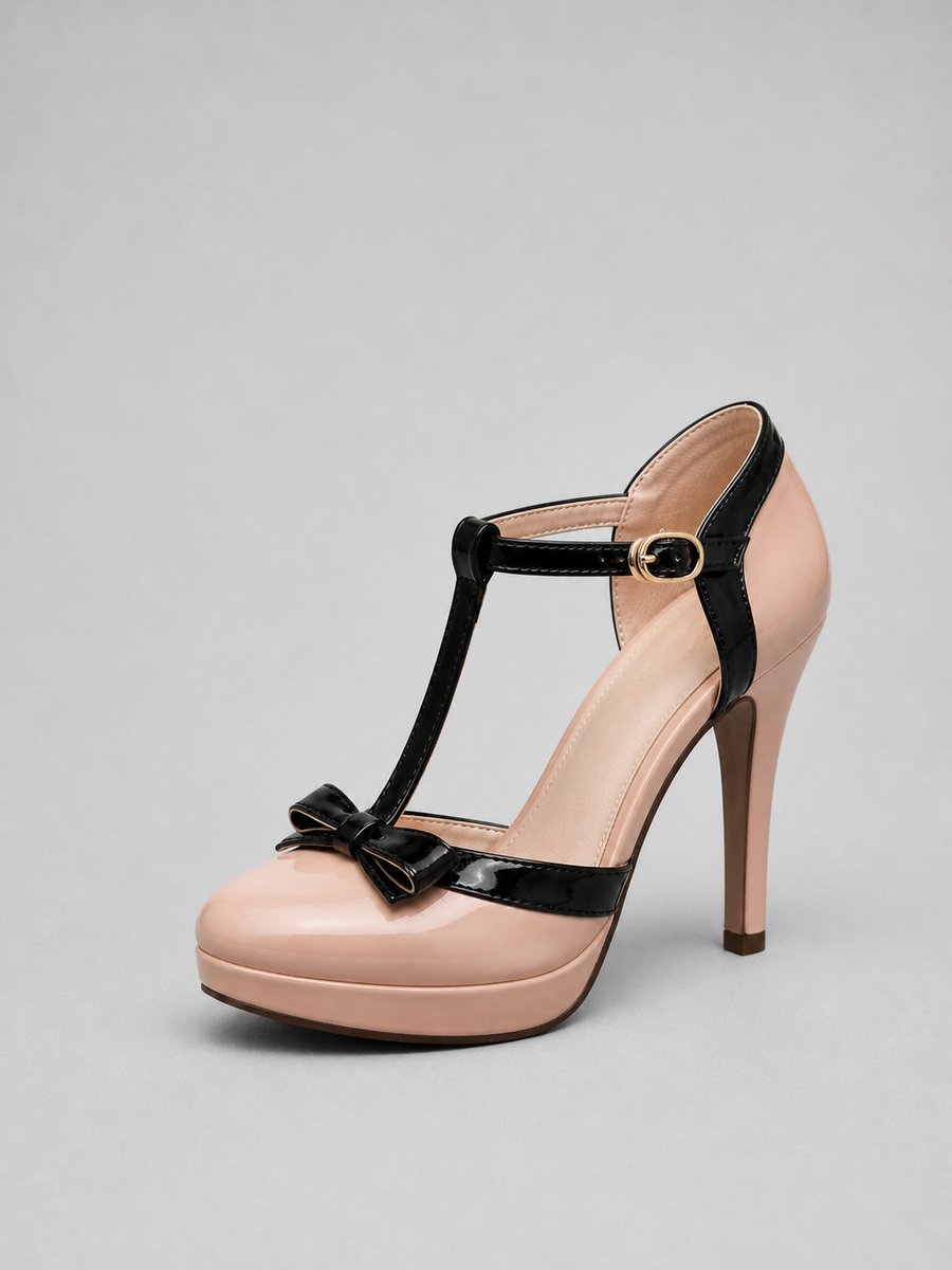 Women's T-Bar Platform Heeled Stiletto Bow-Detail Court Shoes
