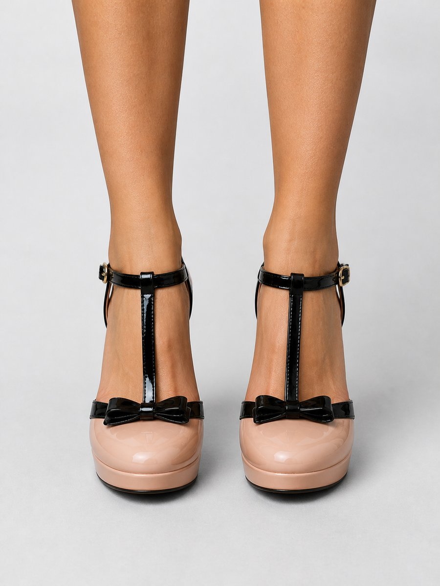 Women's T-Bar Platform Heeled Stiletto Bow-Detail Court Shoes