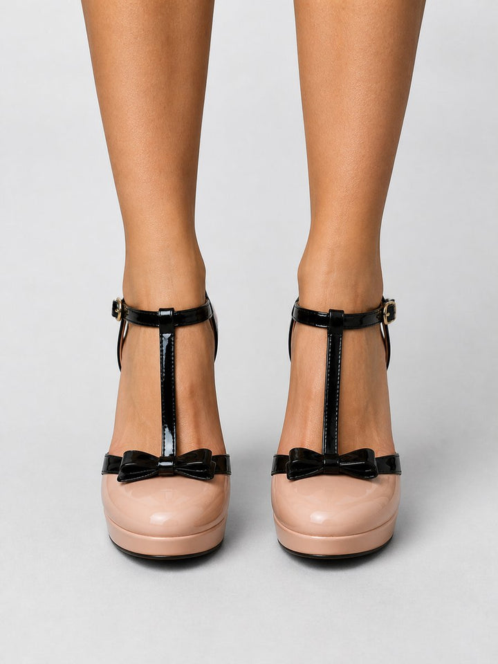 Women's T-Bar Platform Heeled Stiletto Bow-Detail Court Shoes