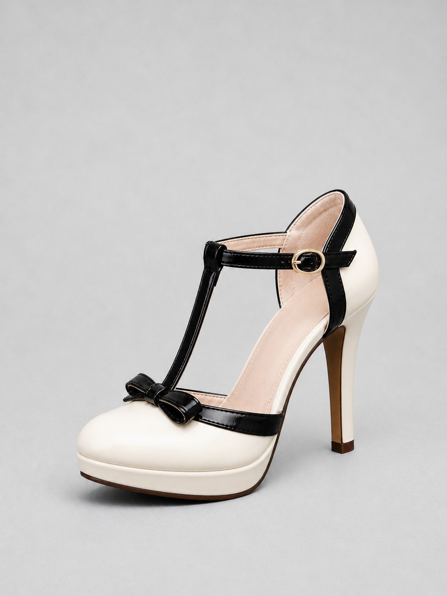 Women's T-Bar Platform Heeled Stiletto Bow-Detail Court Shoes