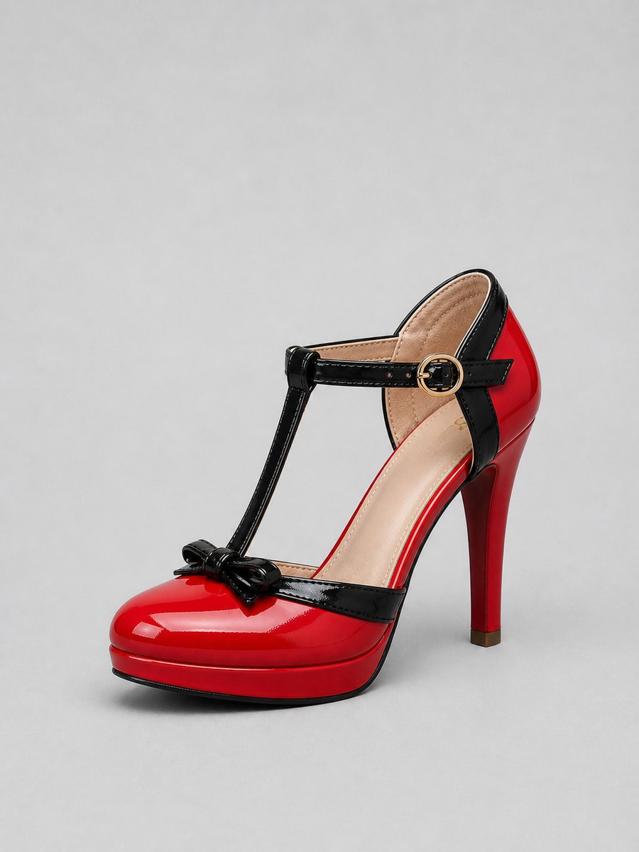 Women's T-Bar Platform Heeled Stiletto Bow-Detail Court Shoes