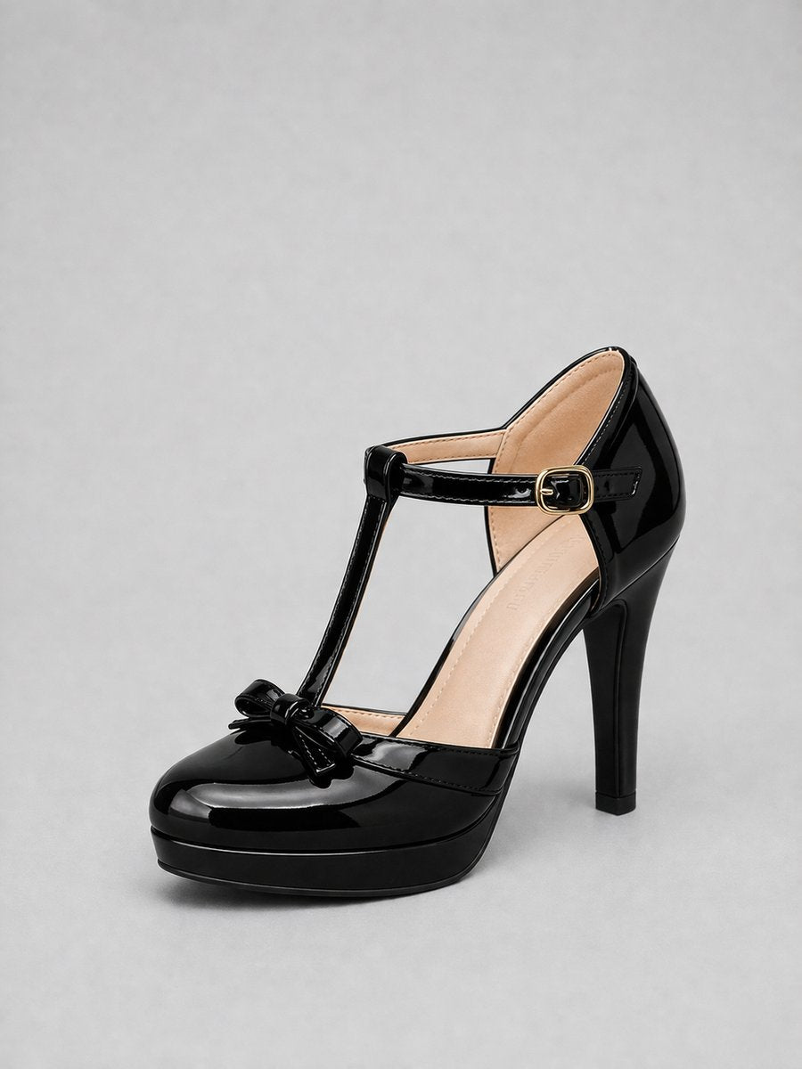 Women's T-Bar Platform Heeled Stiletto Bow-Detail Court Shoes