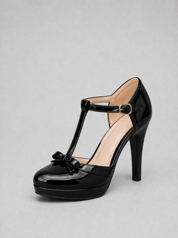 Women's T-Bar Platform Heeled Stiletto Bow-Detail Court Shoes