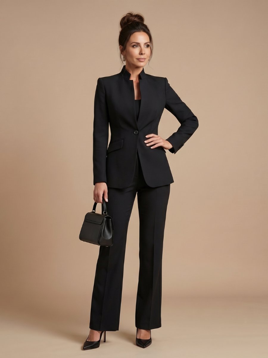 Women's Tailored Stand Collar Flared Trouser Formal Two-Piece Suit