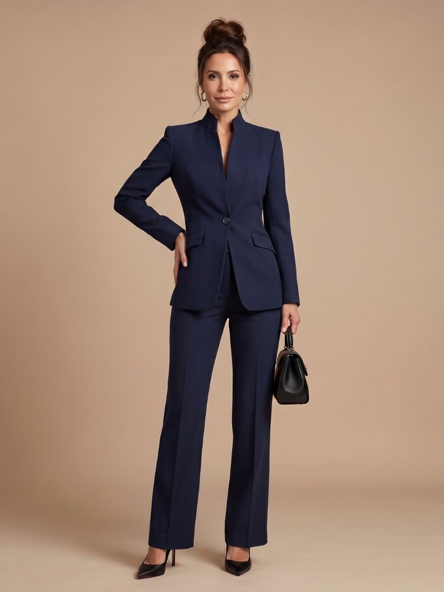 Women's Tailored Stand Collar Flared Trouser Formal Two-Piece Suit