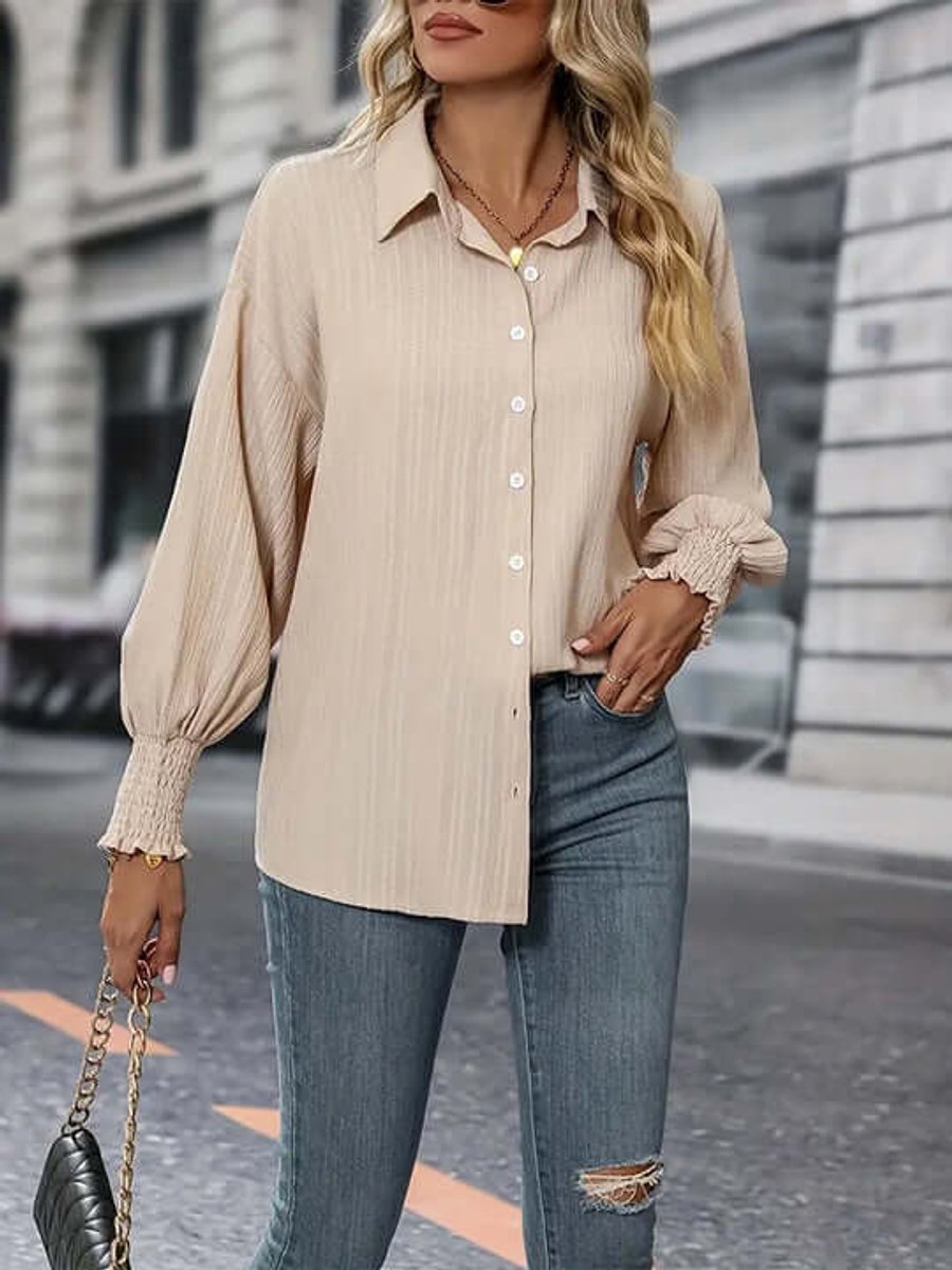 Women's Tie-Front Long-Sleeve Blouse Smocked Cuff Button-Down Top