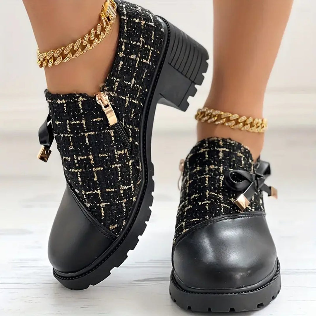Women's Tweed Block-Heel Ankle Boots Bow-Detail Platform