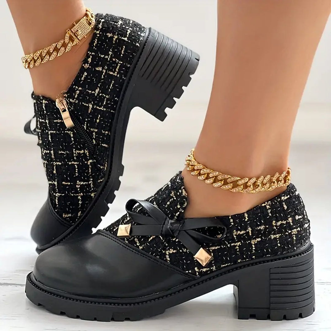 Women's Tweed Block-Heel Ankle Boots Bow-Detail Platform
