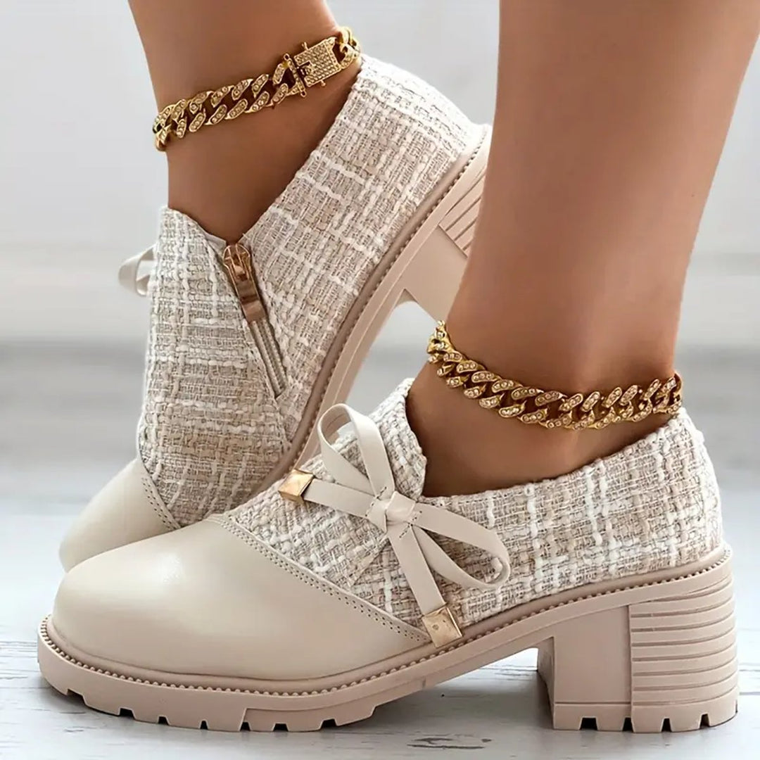 Women's Tweed Block-Heel Ankle Boots Bow-Detail Platform