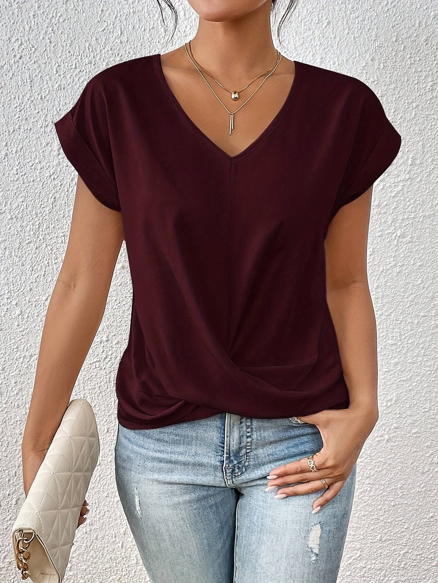Women's Twisted-Front V-Neck Blouse Short Sleeve Top