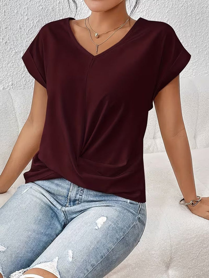 Women's Twisted-Front V-Neck Blouse Short Sleeve Top