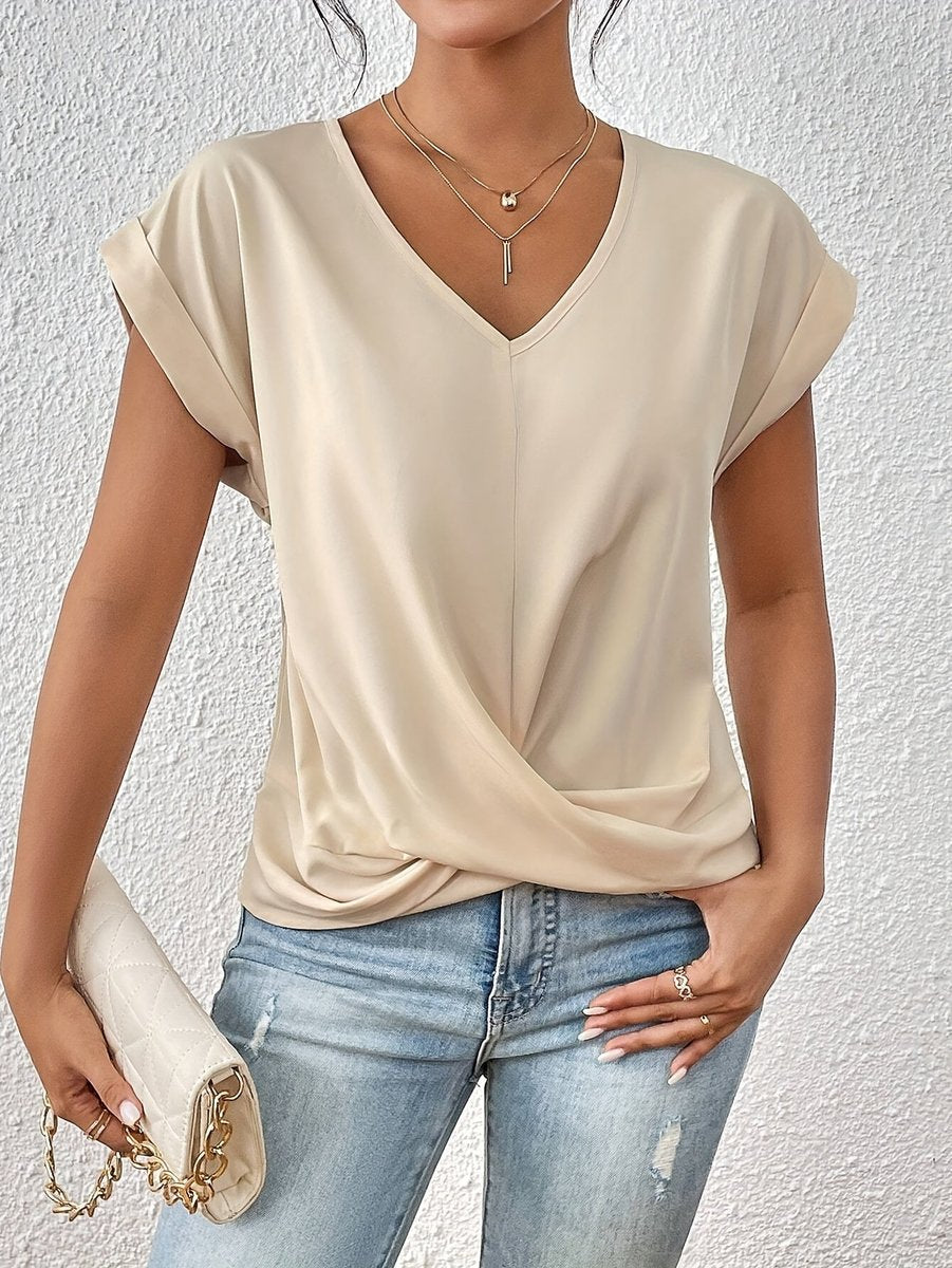 Women's Twisted-Front V-Neck Blouse Short Sleeve Top