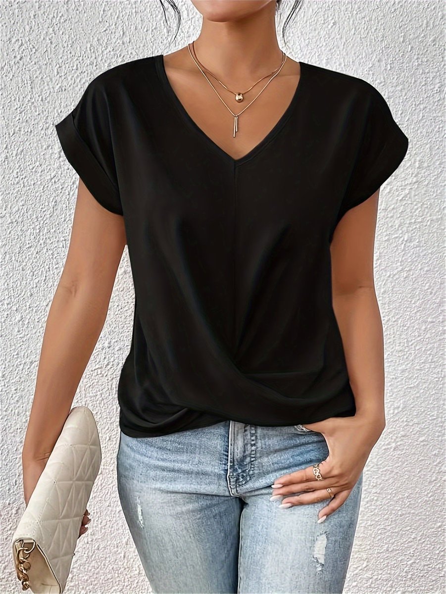 Women's Twisted-Front V-Neck Blouse Short Sleeve Top
