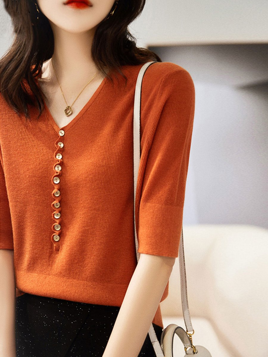 Women's V-Neck Button-Front Knitted Vintage Blouse Top