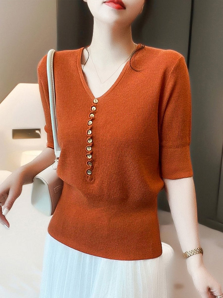 Women's V-Neck Button-Front Knitted Vintage Blouse Top