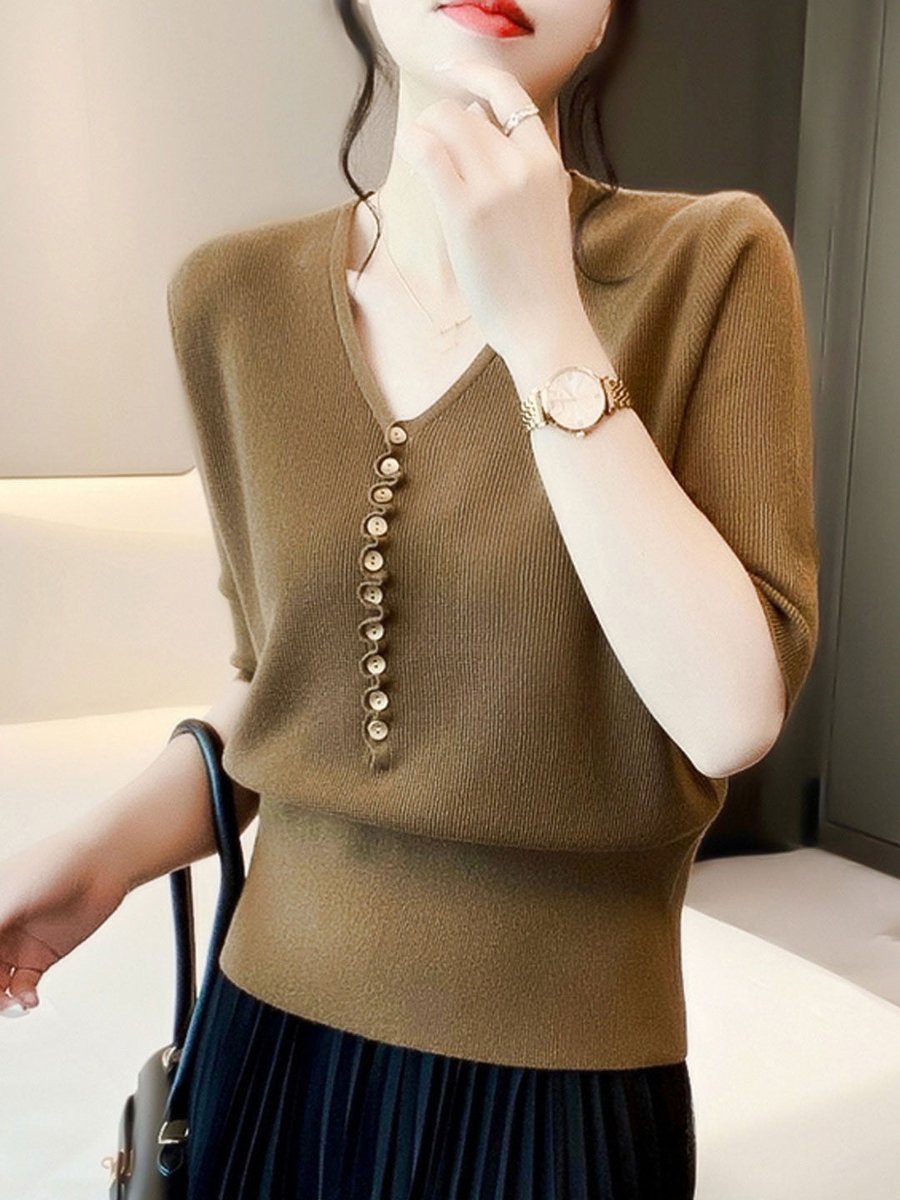 Women's V-Neck Button-Front Knitted Vintage Blouse Top