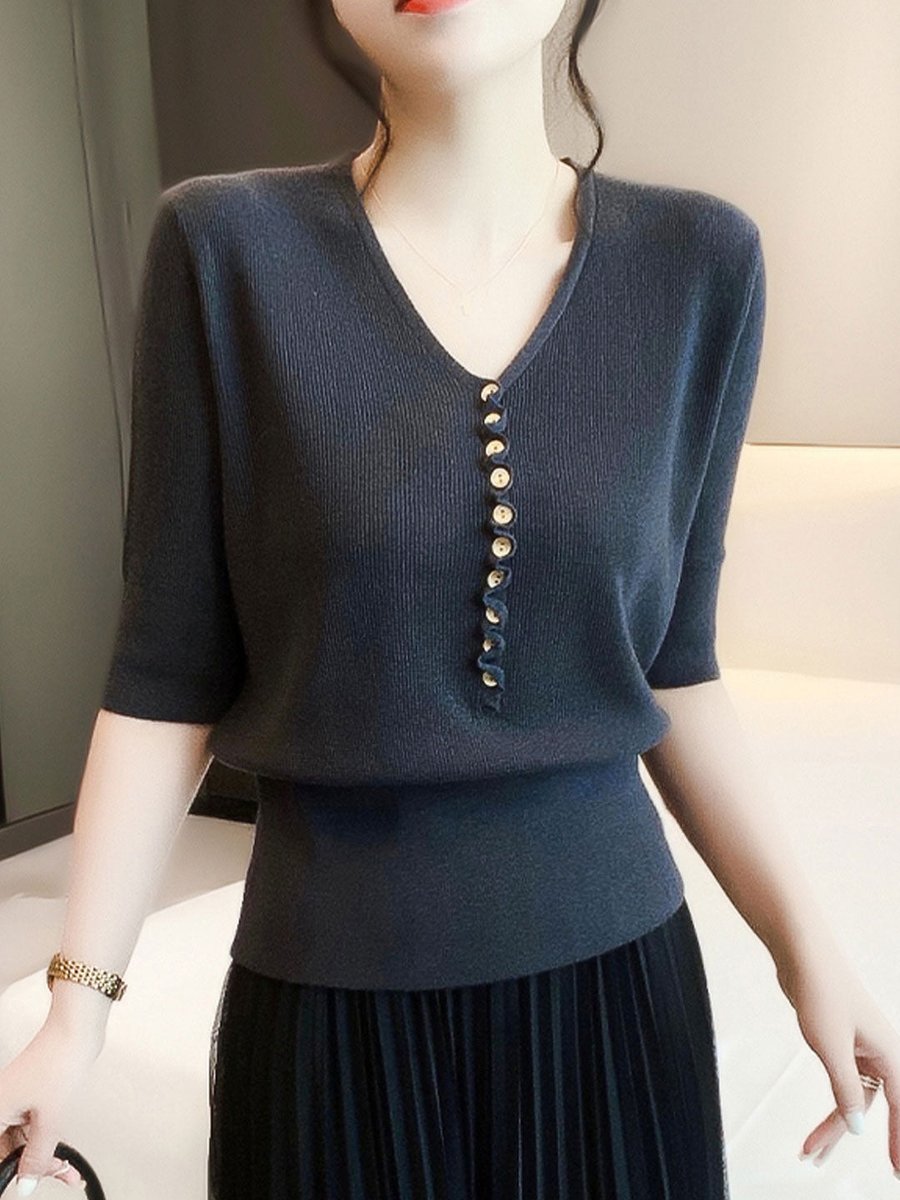 Women's V-Neck Button-Front Knitted Vintage Blouse Top