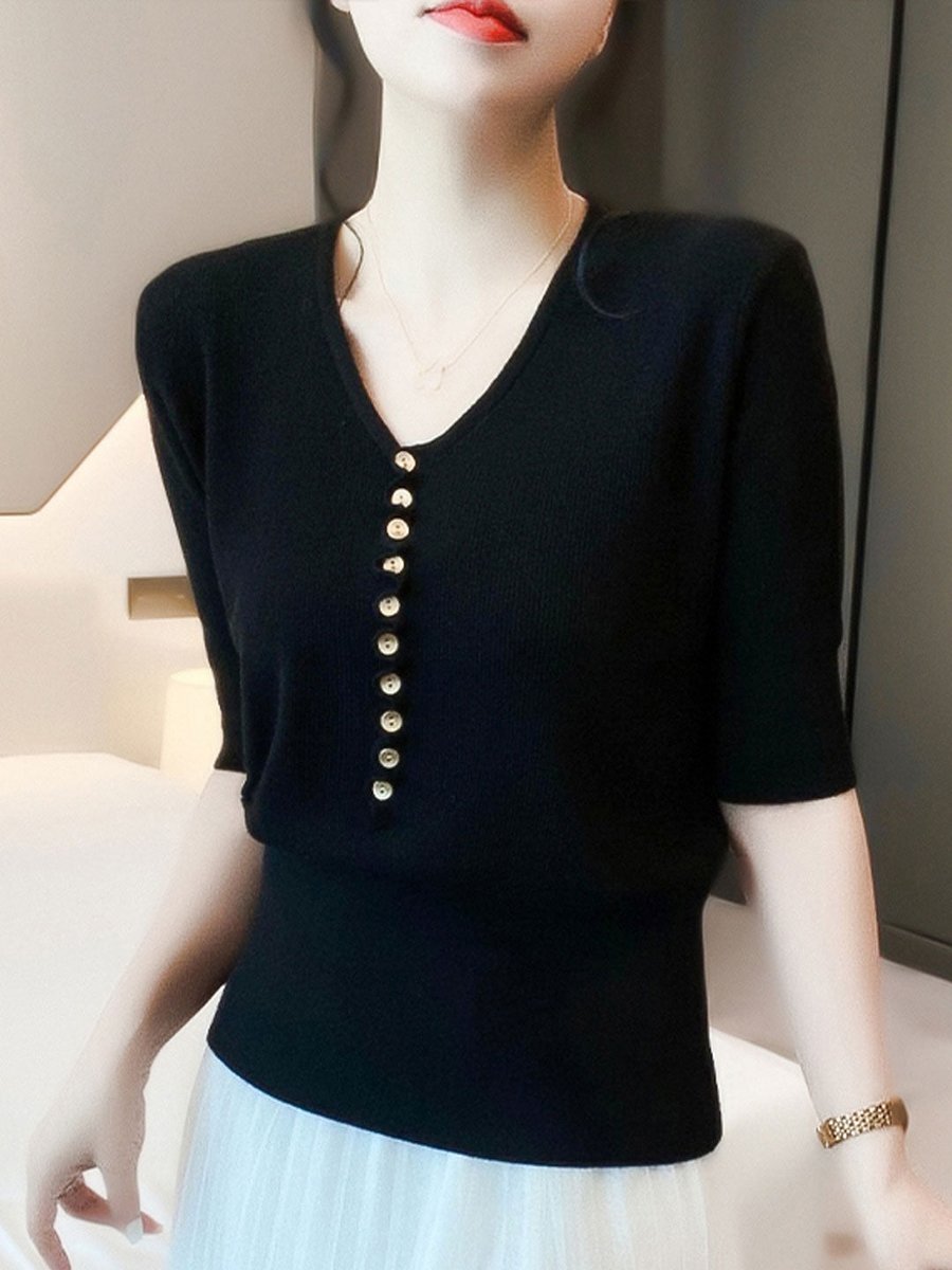 Women's V-Neck Button-Front Knitted Vintage Blouse Top