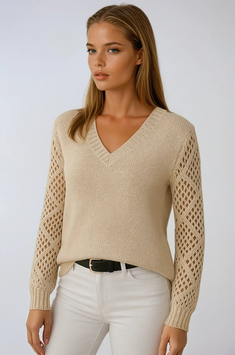 Women's V-Neck Openwork Crochet Sleeve Knitted Jumper