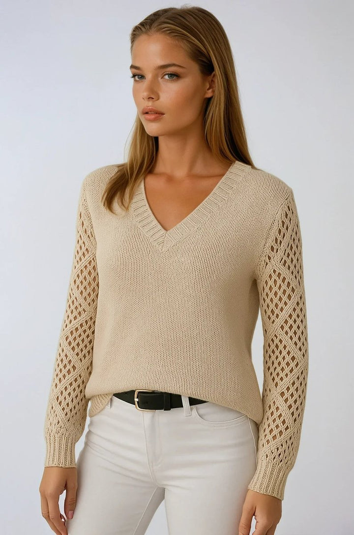 Women's V-Neck Openwork Crochet Sleeve Knitted Jumper
