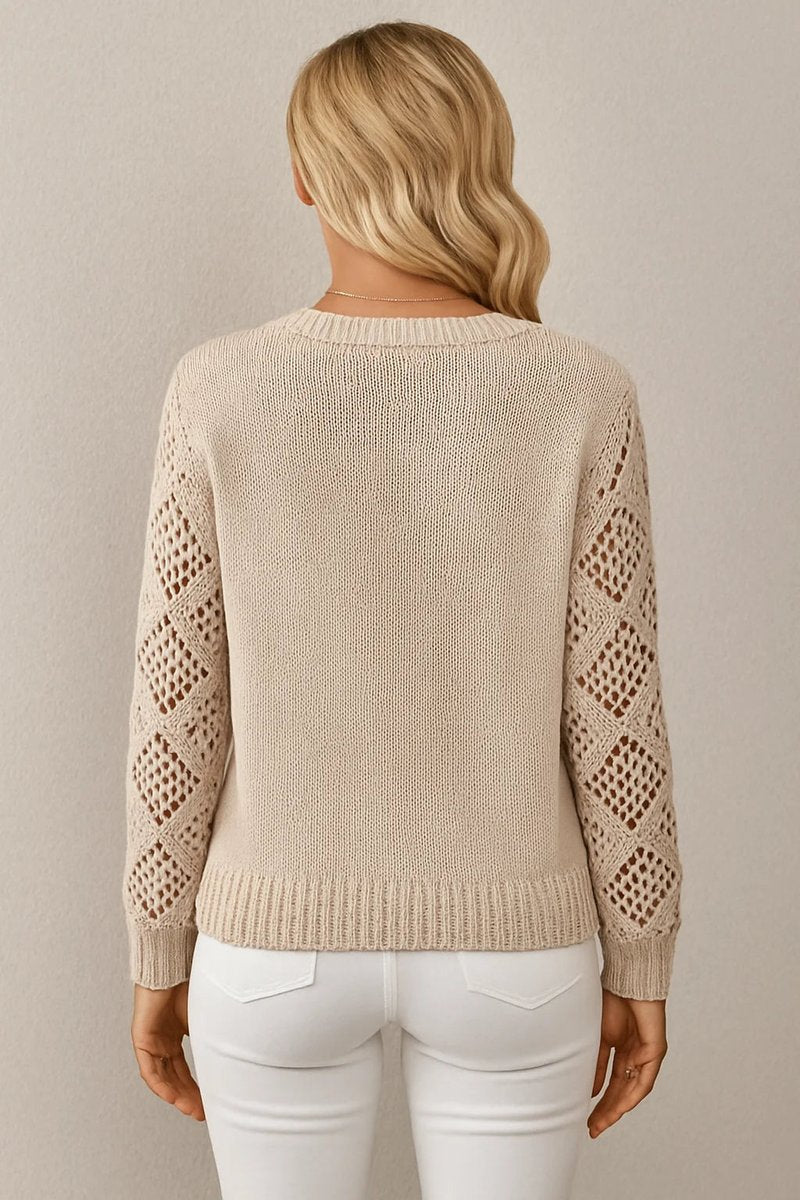 Women's V-Neck Openwork Crochet Sleeve Knitted Jumper