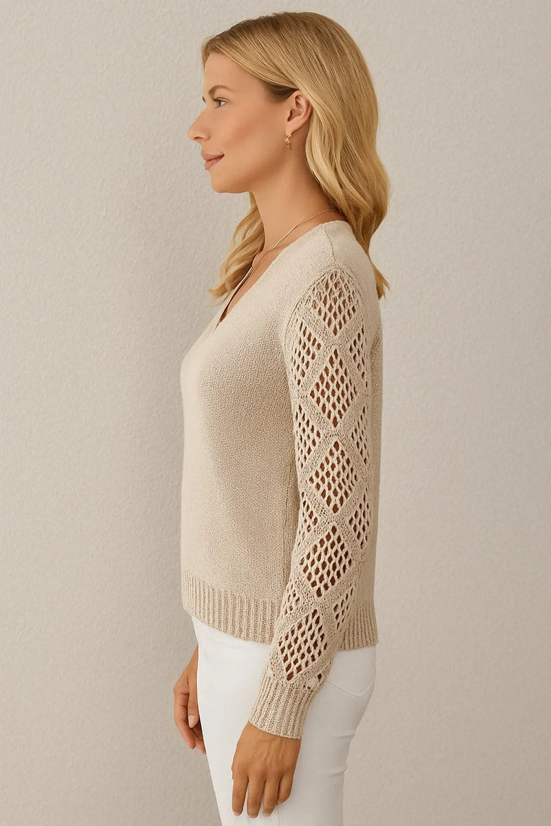 Women's V-Neck Openwork Crochet Sleeve Knitted Jumper